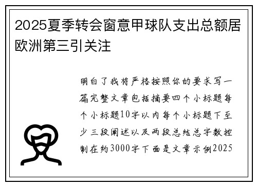 2025夏季转会窗意甲球队支出总额居欧洲第三引关注